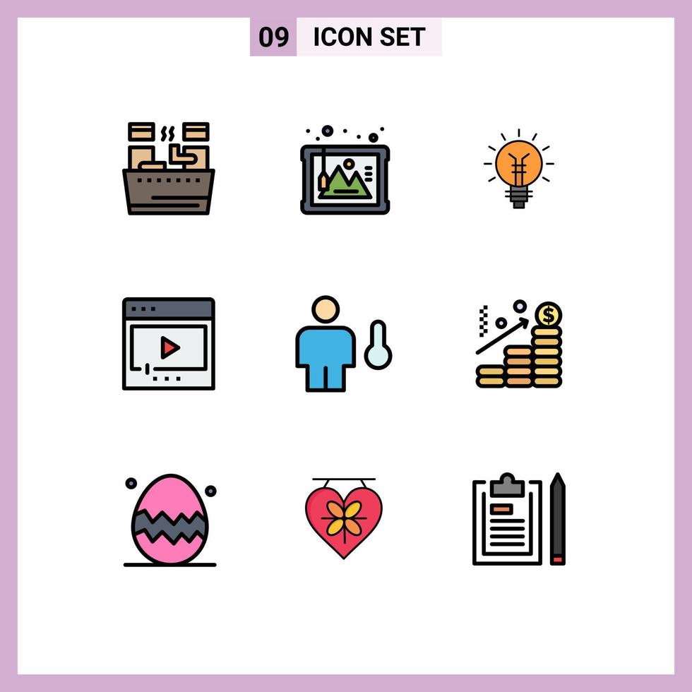 Set of 9 Modern UI Icons Symbols Signs for multimedia media lightbulb film lamp Editable Vector Design Elements