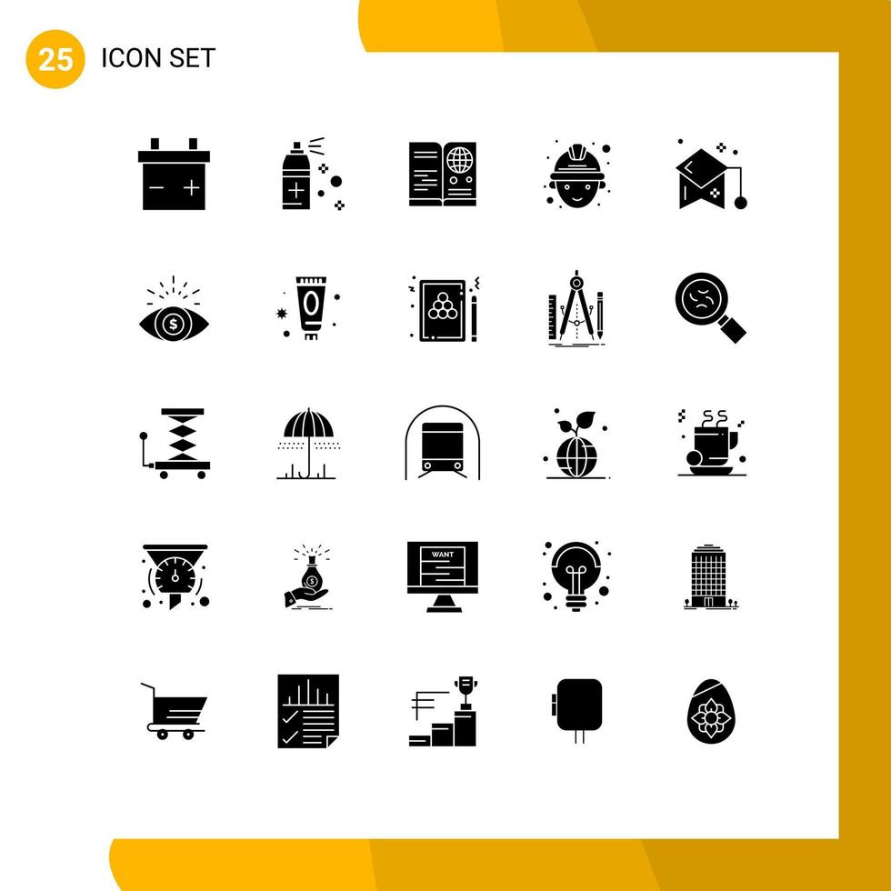Pack of 25 creative Solid Glyphs of business mortarboard international graduation education Editable Vector Design Elements