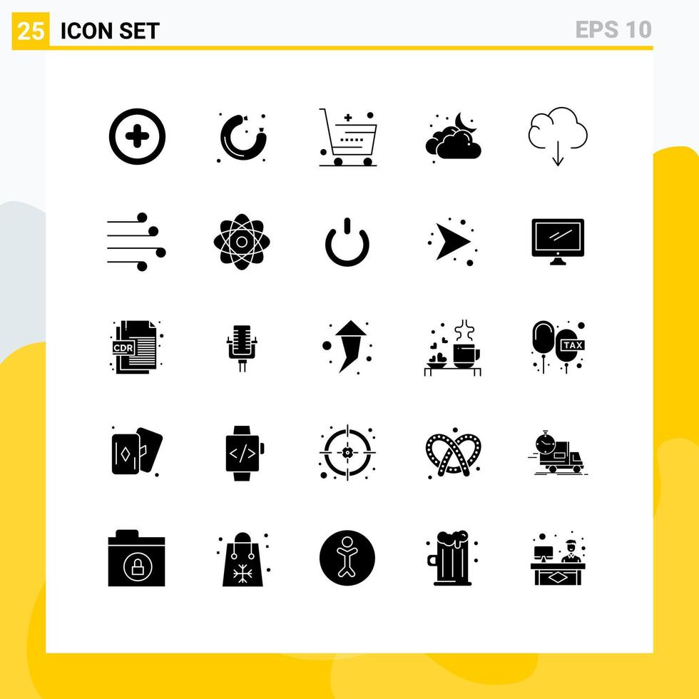 25 iconos creativos, signos y símbolos modernos de datos, clima, comercio electrónico, nube lunar, elementos de diseño vectorial editables vector