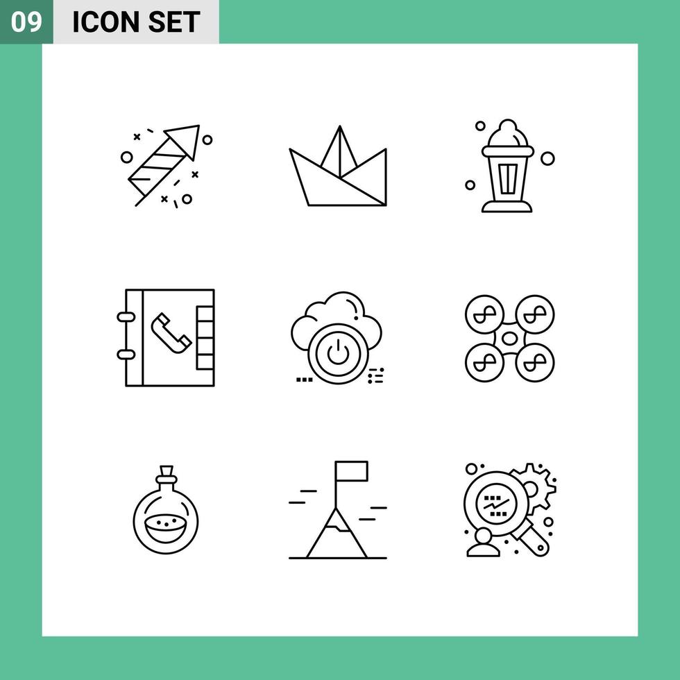Group of 9 Outlines Signs and Symbols for drone cloud lamp down shutdown Editable Vector Design Elements