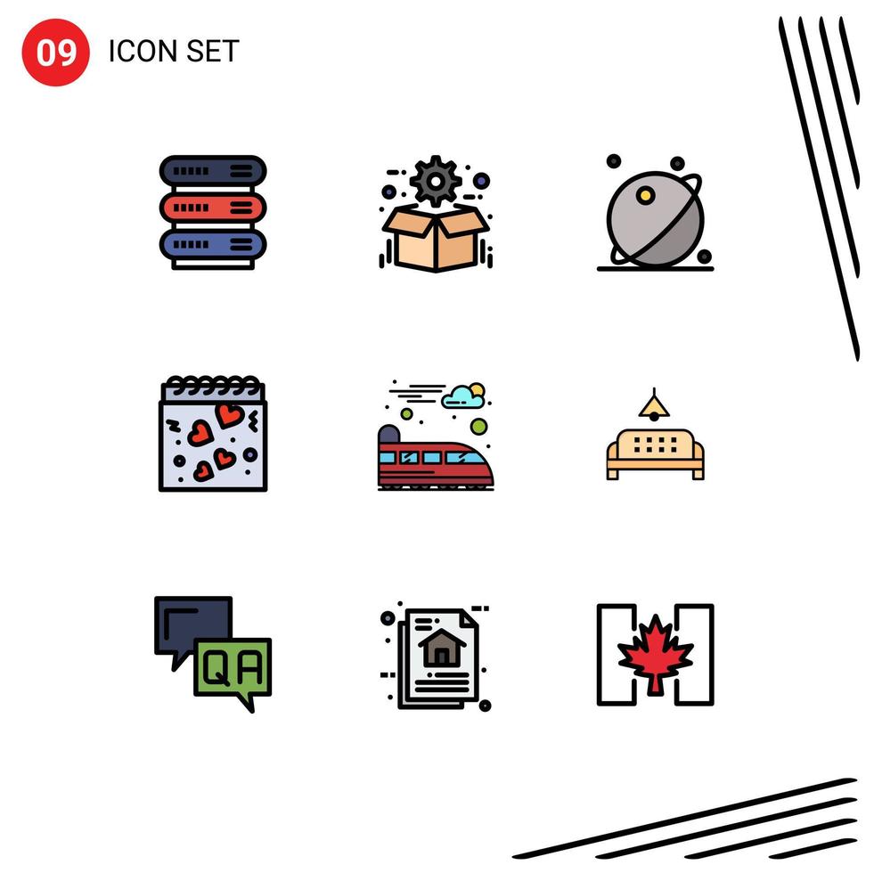 9 User Interface Filledline Flat Color Pack of modern Signs and Symbols of romance heart seo calendar space Editable Vector Design Elements