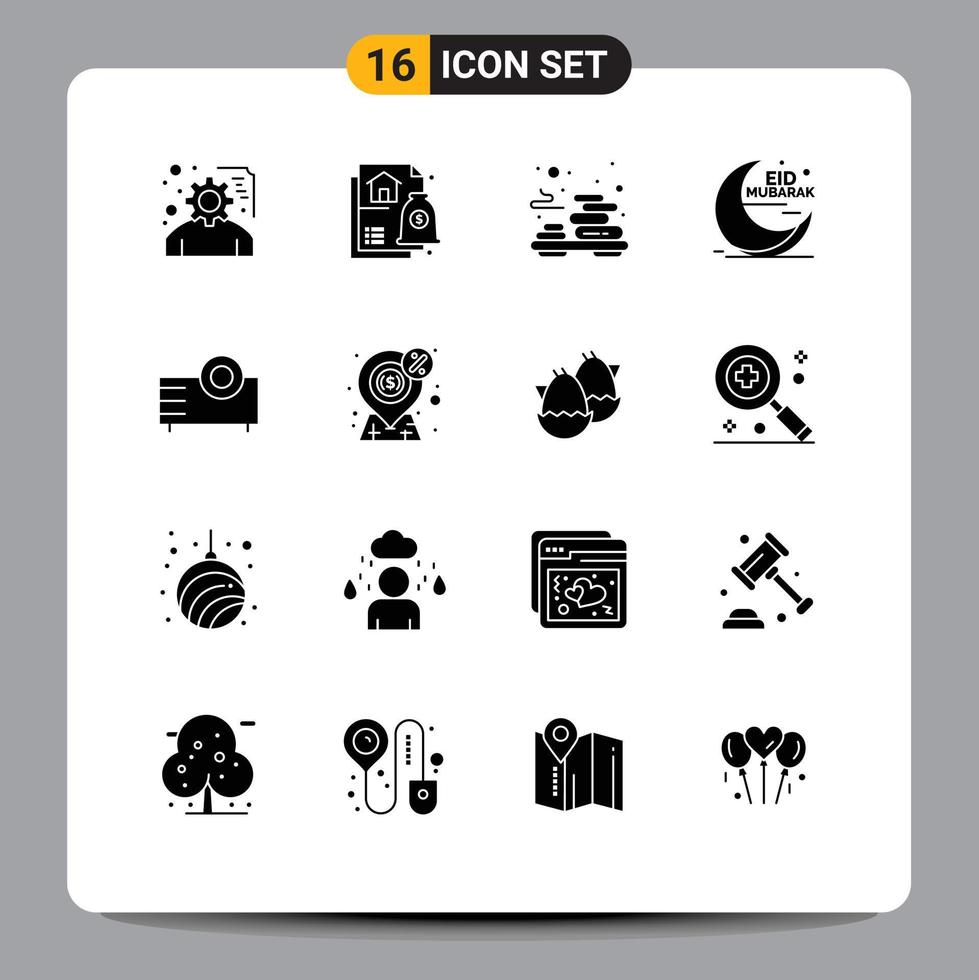 16 User Interface Solid Glyph Pack of modern Signs and Symbols of devices cresent relax moon eid Editable Vector Design Elements