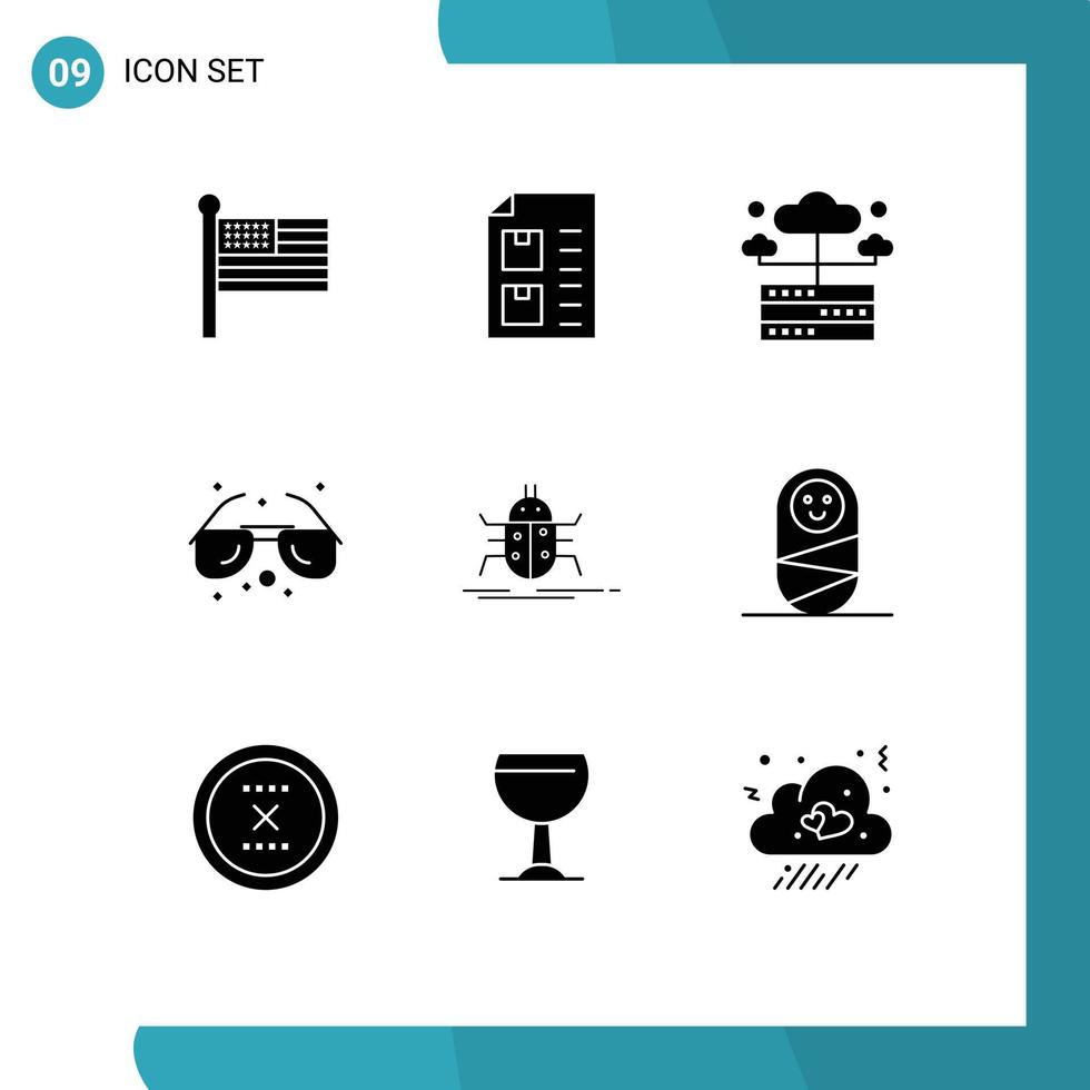 Universal Icon Symbols Group of 9 Modern Solid Glyphs of bug sea paper glasses server Editable Vector Design Elements