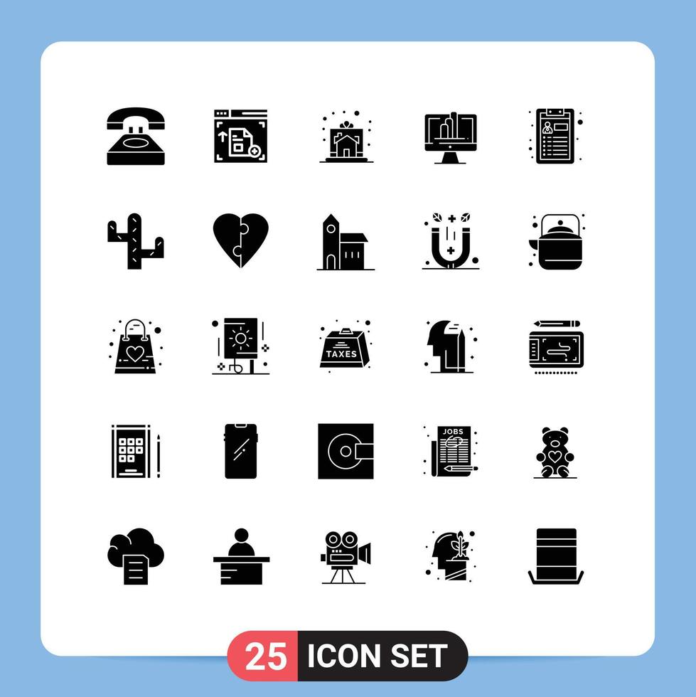User Interface Pack of 25 Basic Solid Glyphs of cv shart celebration monitor house Editable Vector Design Elements