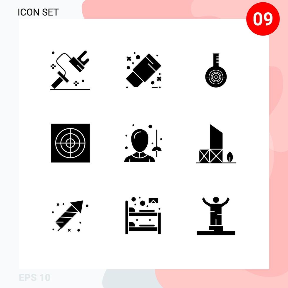 Pack of 9 creative Solid Glyphs of fencing fan chemical extractor target Editable Vector Design Elements