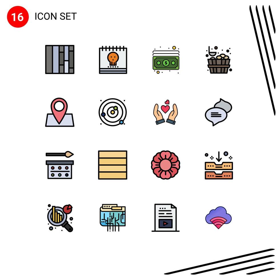 conjunto de pictogramas de 16 líneas simples llenas de color plano de ubicación de candado dólar vacaciones sauna elementos de diseño de vector creativo editable