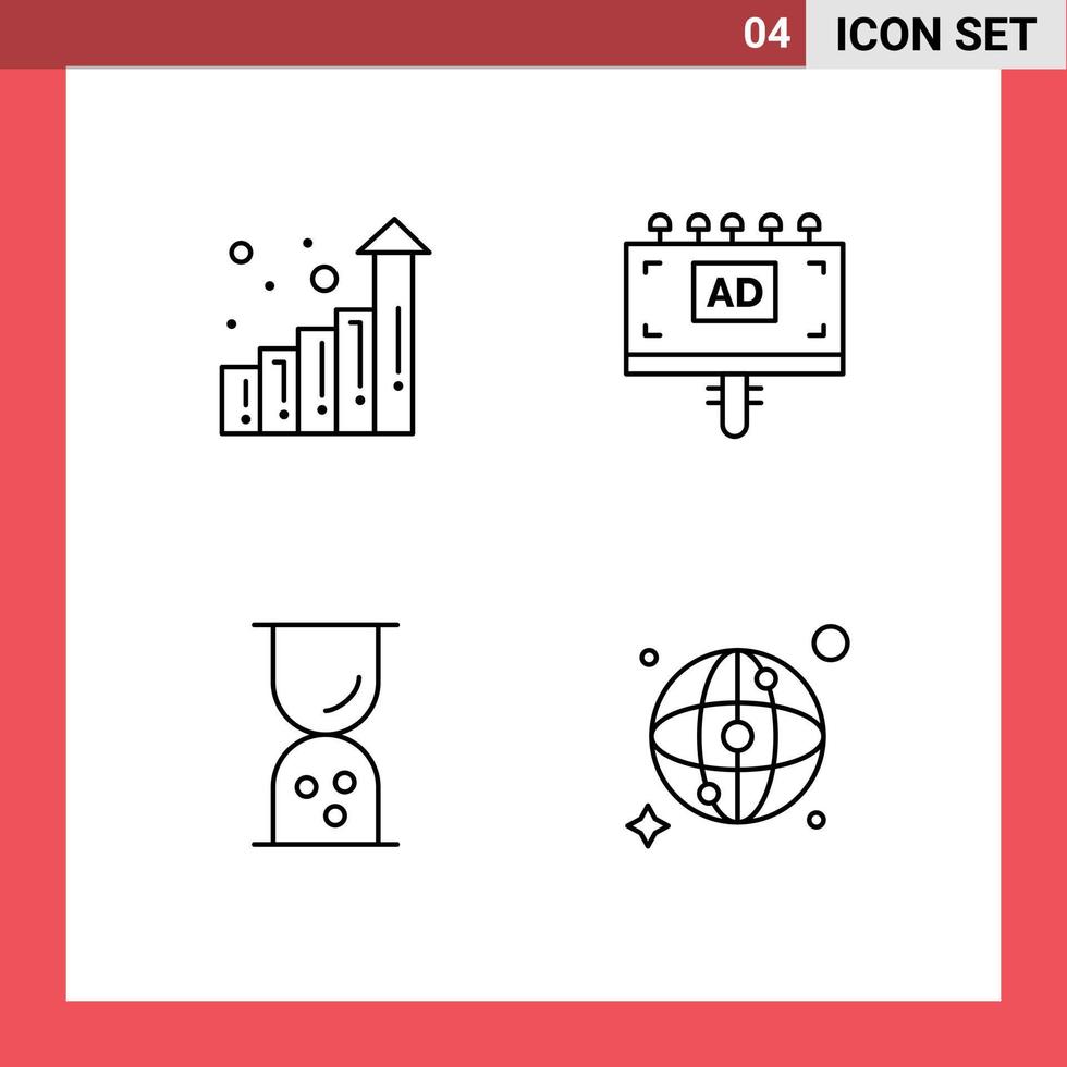Mobile Interface Line Set of 4 Pictograms of graph outline ad signboard world Editable Vector Design Elements
