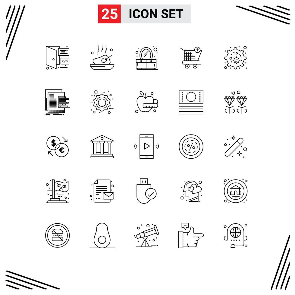 25 Universal Line Signs Symbols of cell shopping roasted shop cart Editable Vector Design Elements