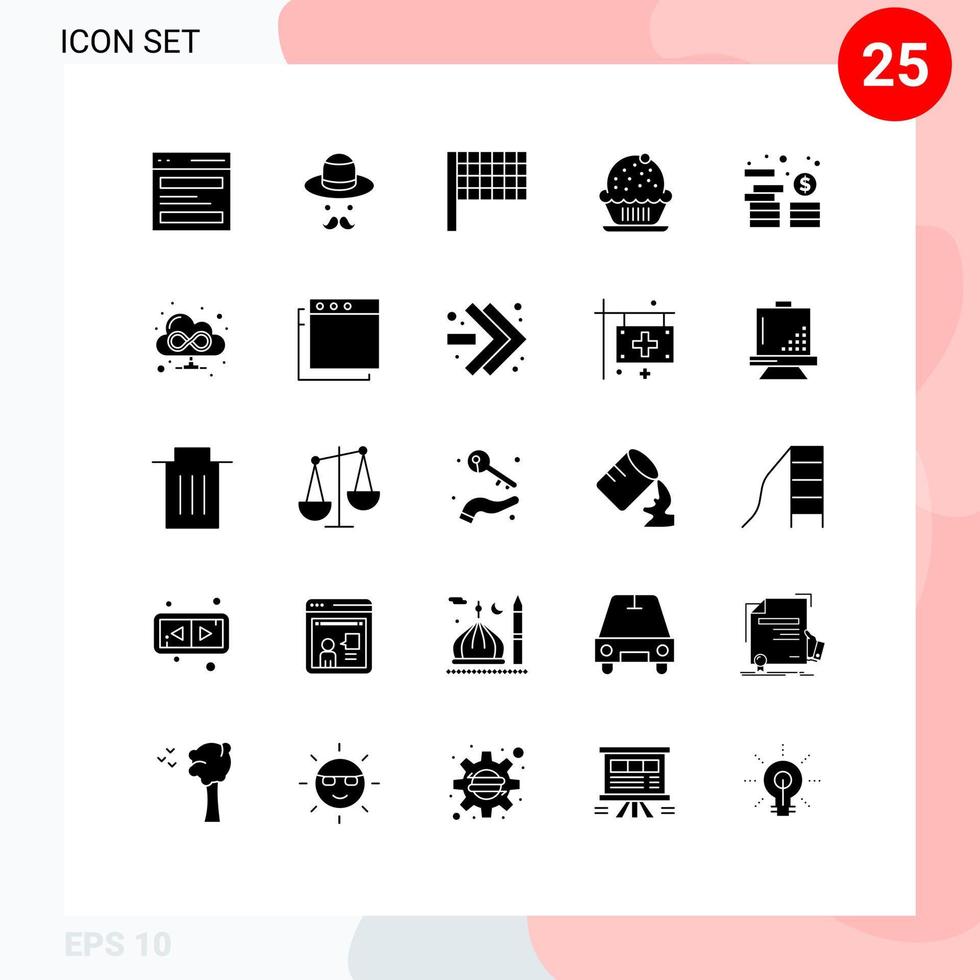 User Interface Pack of 25 Basic Solid Glyphs of money asset fathers party cake Editable Vector Design Elements