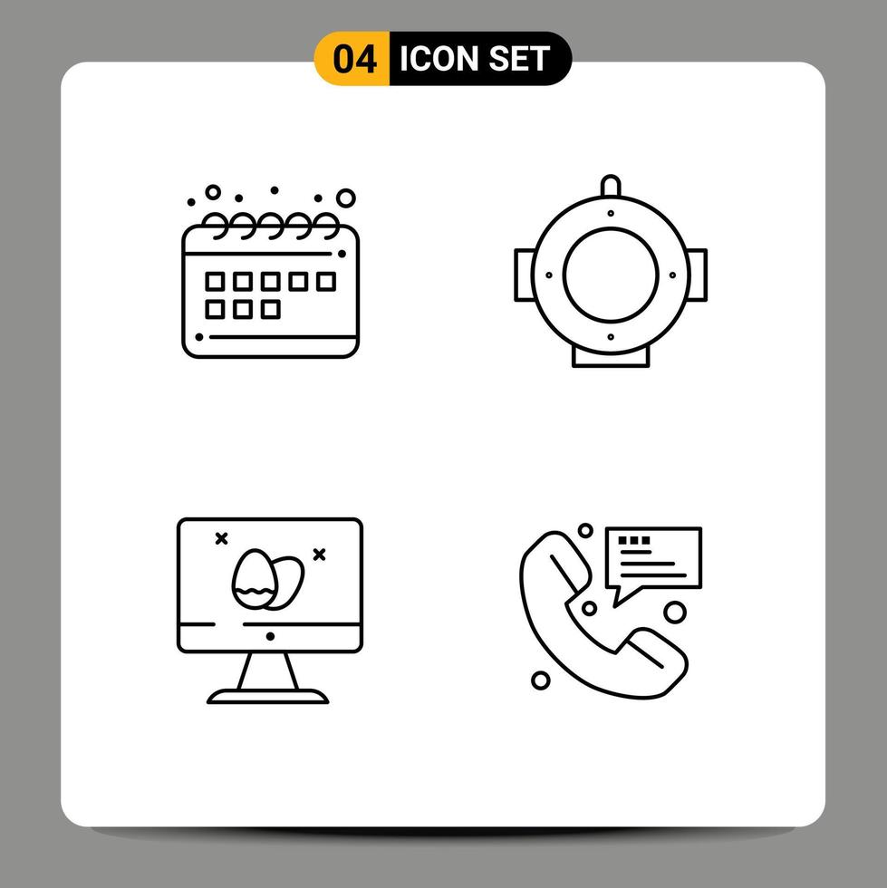 Mobile Interface Line Set of 4 Pictograms of schedule egg calendar marine call Editable Vector Design Elements