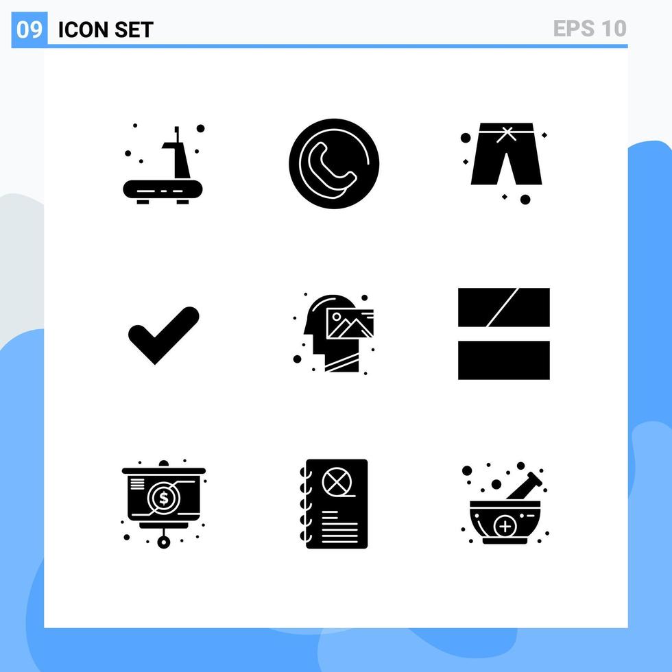 Solid Glyph Pack of 9 Universal Symbols of thinking mind pants human tick Editable Vector Design Elements