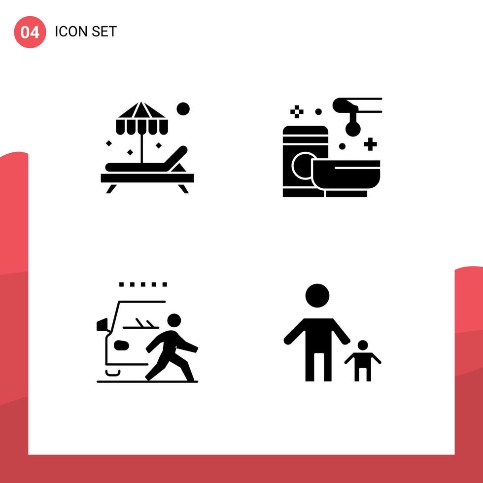 Modern Set of 4 Solid Glyphs and symbols such as beach car relax wax pedestrian Editable Vector Design Elements