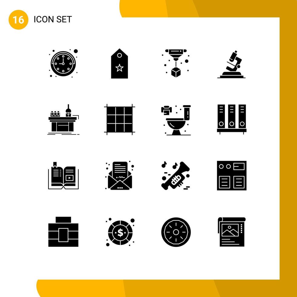 Modern Set of 16 Solid Glyphs Pictograph of lab biology print zoom microsope Editable Vector Design Elements