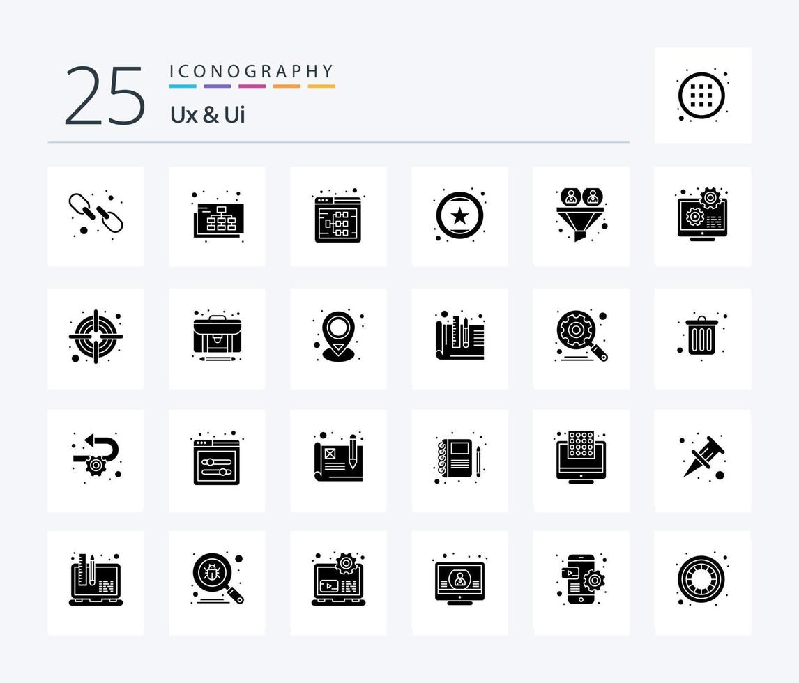 Ux And Ui 25 Solid Glyph icon pack including star. rating. flow. favorite like. website vector