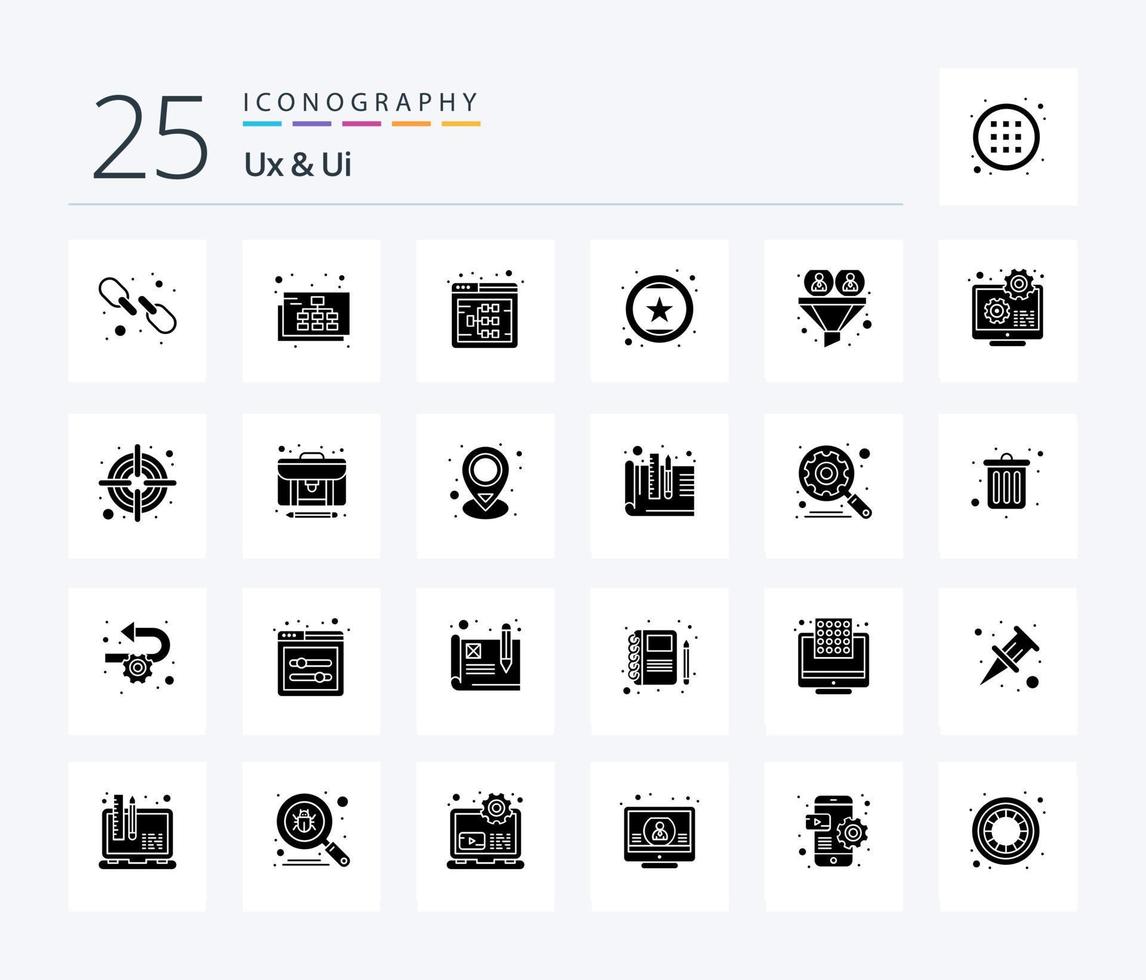 paquete de iconos de glifos sólidos ux y ui 25 que incluye estrella. clasificación. flujo. favorito como. sitio web vector