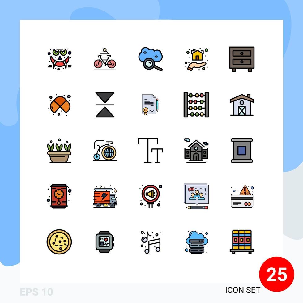 Modern Set of 25 Filled line Flat Colors and symbols such as house hand cycling giving cloud search Editable Vector Design Elements