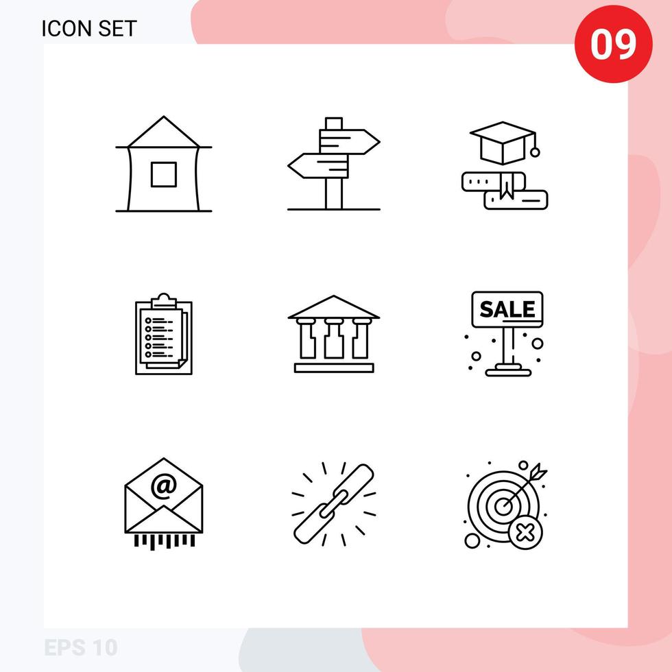 paquete de 9 signos y símbolos de contornos modernos para medios de impresión web, como elementos de diseño de vectores editables de graduación de tarjeta de informe de boda de resultado bancario