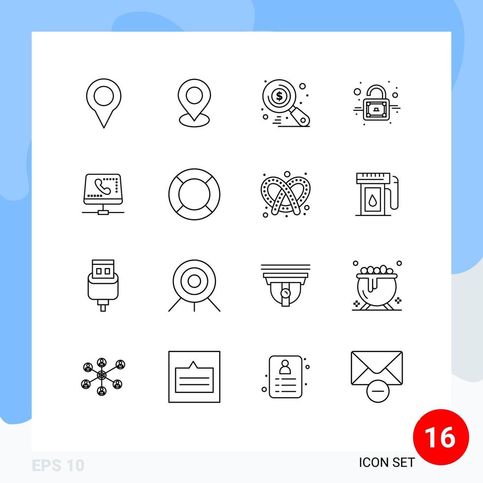 paquete de 16 signos y símbolos de contornos modernos para medios de impresión web, como elementos de diseño de vectores editables de dispositivos en línea de bloqueo informático esencial