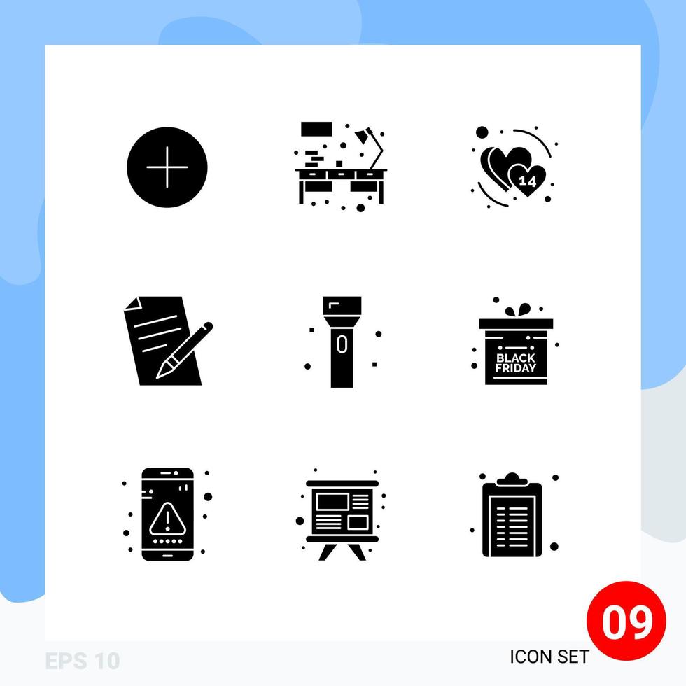 9 Universal Solid Glyph Signs Symbols of flashlight devices date pencil education Editable Vector Design Elements