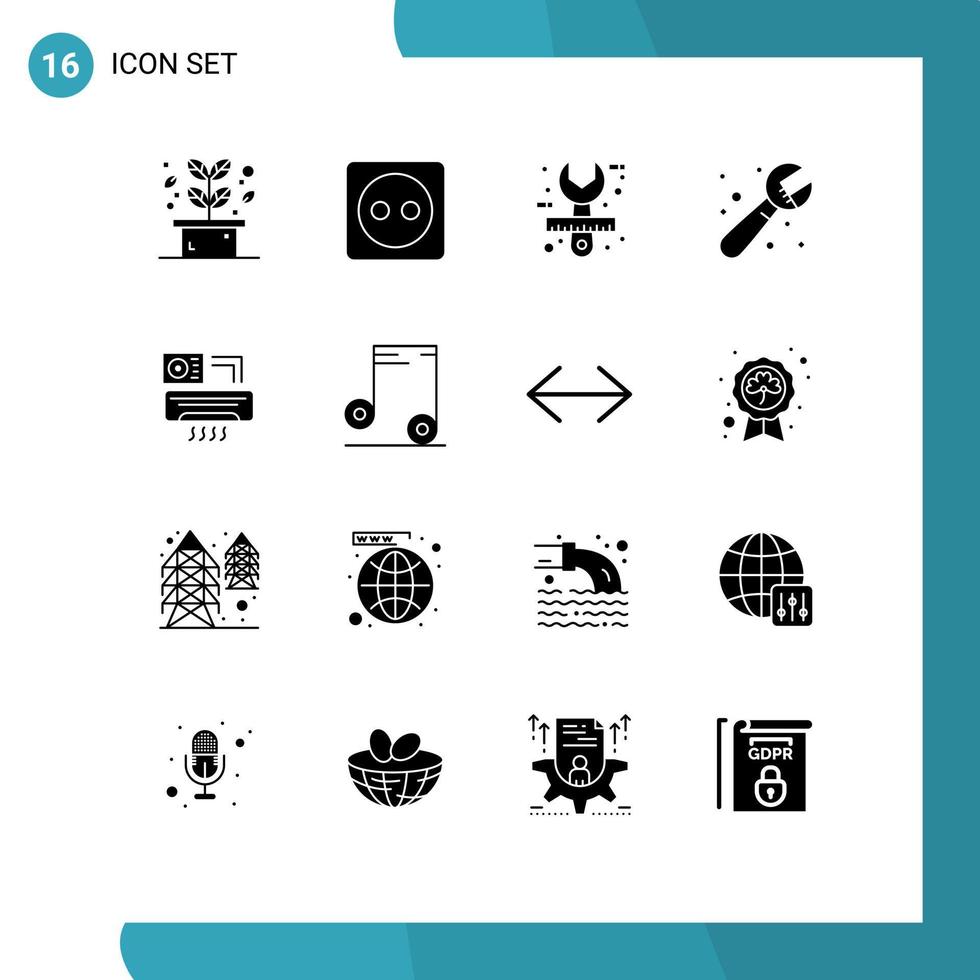 grupo de 16 glifos sólidos modernos establecidos para elementos de diseño de vectores editables de herramientas de plomero de arquitecto de plomería de aire