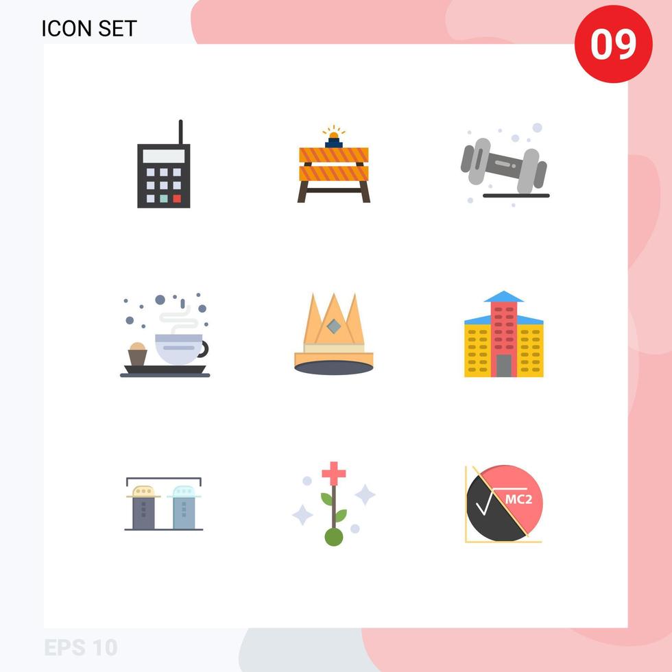Editable Vector Line Pack of 9 Simple Flat Colors of crown plate closed breakfast fitness Editable Vector Design Elements