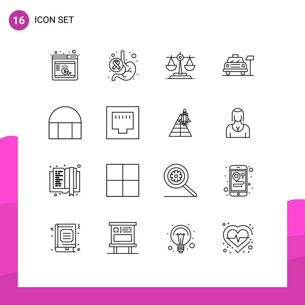Mobile Interface Outline Set of 16 Pictograms of historical building service world hotel car Editable Vector Design Elements