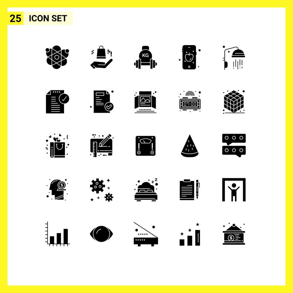 Group of 25 Solid Glyphs Signs and Symbols for shower bathroom dumbbell education mobile Editable Vector Design Elements