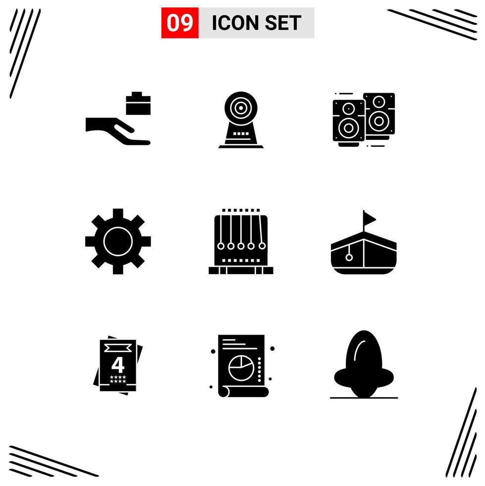 Mobile Interface Solid Glyph Set of 9 Pictograms of swing pendulum love song gravity settings Editable Vector Design Elements