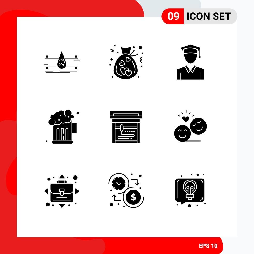 User Interface Pack of 9 Basic Solid Glyphs of couple machine love party beer Editable Vector Design Elements