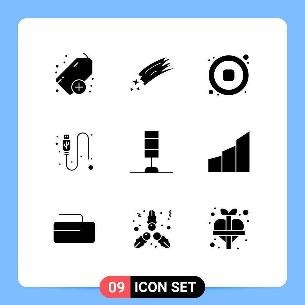 9 Universal Solid Glyph Signs Symbols of lamp wire audio usb cable Editable Vector Design Elements
