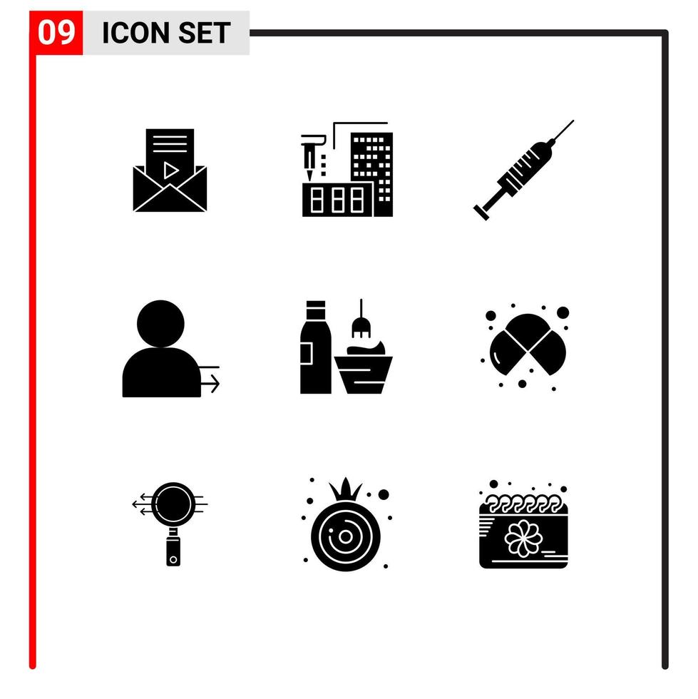 Mobile Interface Solid Glyph Set of 9 Pictograms of cosmetics left syringe arrow shot Editable Vector Design Elements