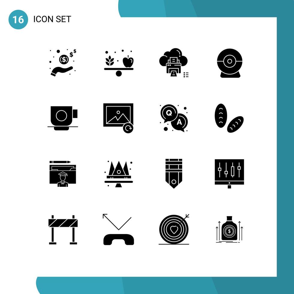 conjunto de pictogramas de 16 glifos sólidos simples de dispositivos de cámara web en la nube de seguridad de café elementos de diseño vectorial editables vector