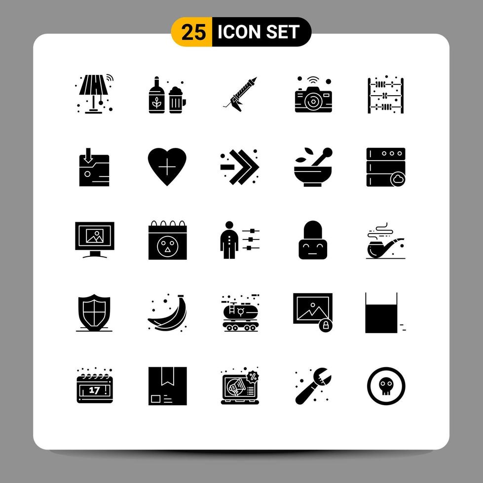 Pack of 25 Modern Solid Glyphs Signs and Symbols for Web Print Media such as wifi internet sealant image utensils Editable Vector Design Elements