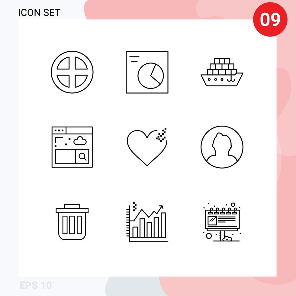 Modern Set of 9 Outlines and symbols such as avatar broken cargo heart internet Editable Vector Design Elements