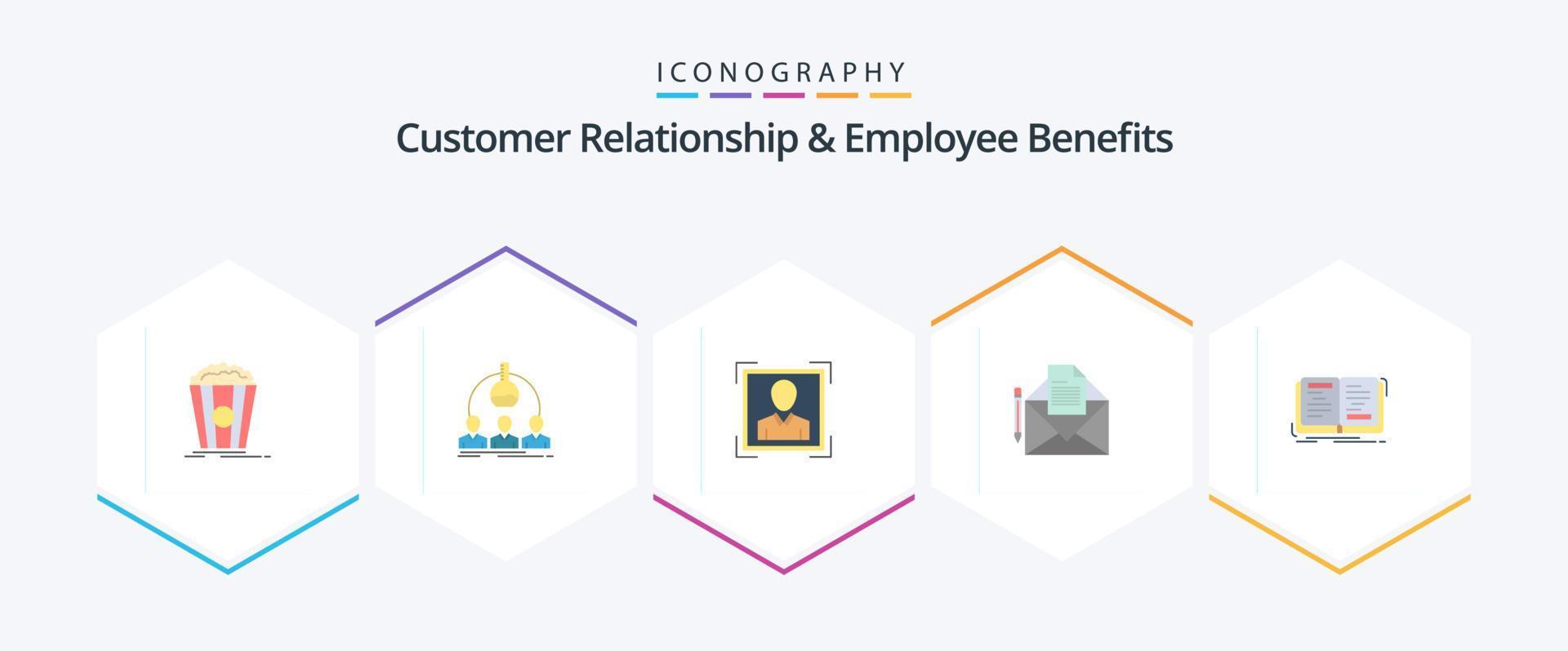 Customer Relationship And Employee Benefits 25 Flat icon pack including book. fax. scientist. message. profile image vector