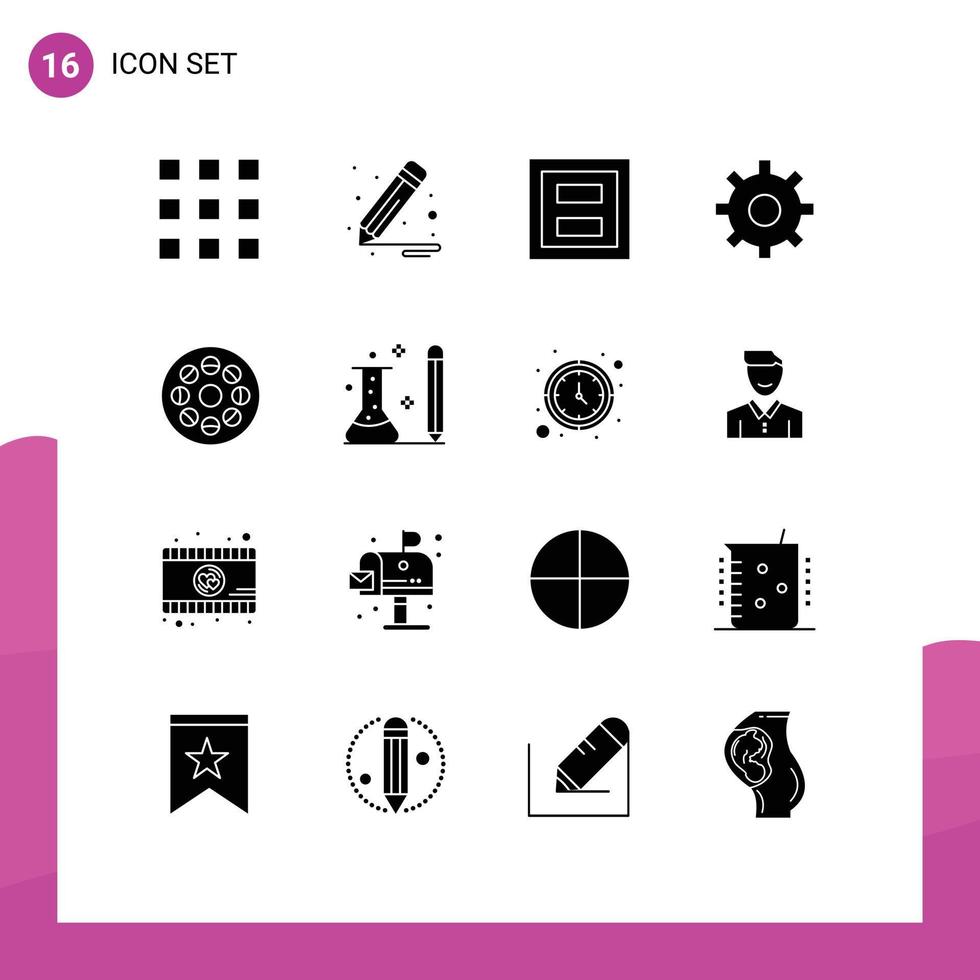 16 Thematic Vector Solid Glyphs and Editable Symbols of movie setting display multimedia two Editable Vector Design Elements