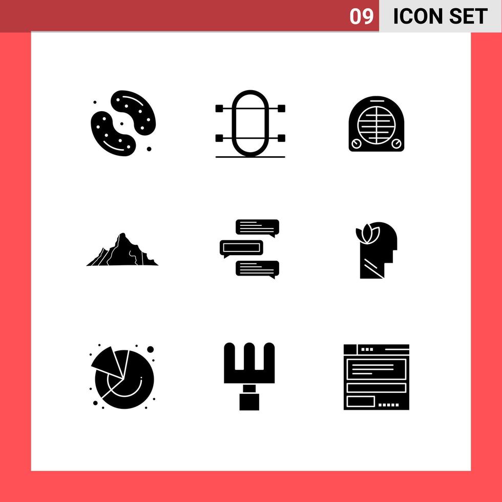 Universal Icon Symbols Group of 9 Modern Solid Glyphs of mountain landscape rowing hill heating Editable Vector Design Elements