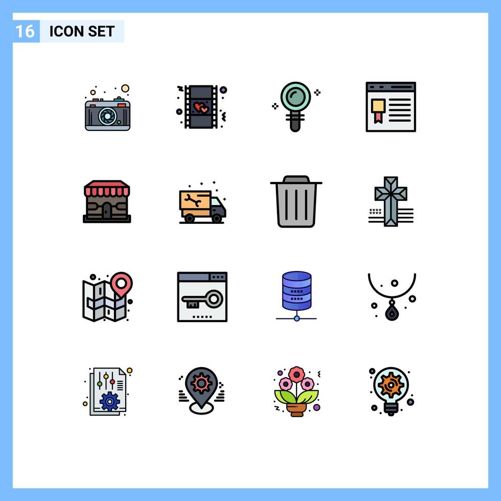 Pack of 16 Modern Flat Color Filled Lines Signs and Symbols for Web Print Media such as ecommerce page search development browser Editable Creative Vector Design Elements