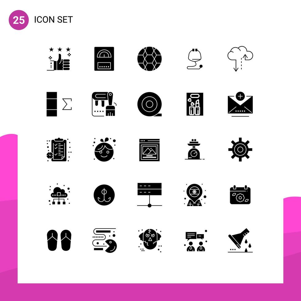 Set of 25 Vector Solid Glyphs on Grid for data stethoscope ball medical medical Editable Vector Design Elements