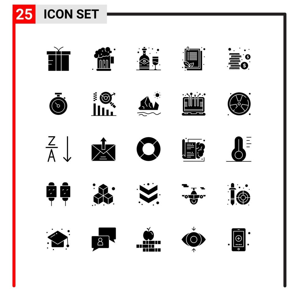 Group of 25 Solid Glyphs Signs and Symbols for money cash bottle leaf clipboard Editable Vector Design Elements