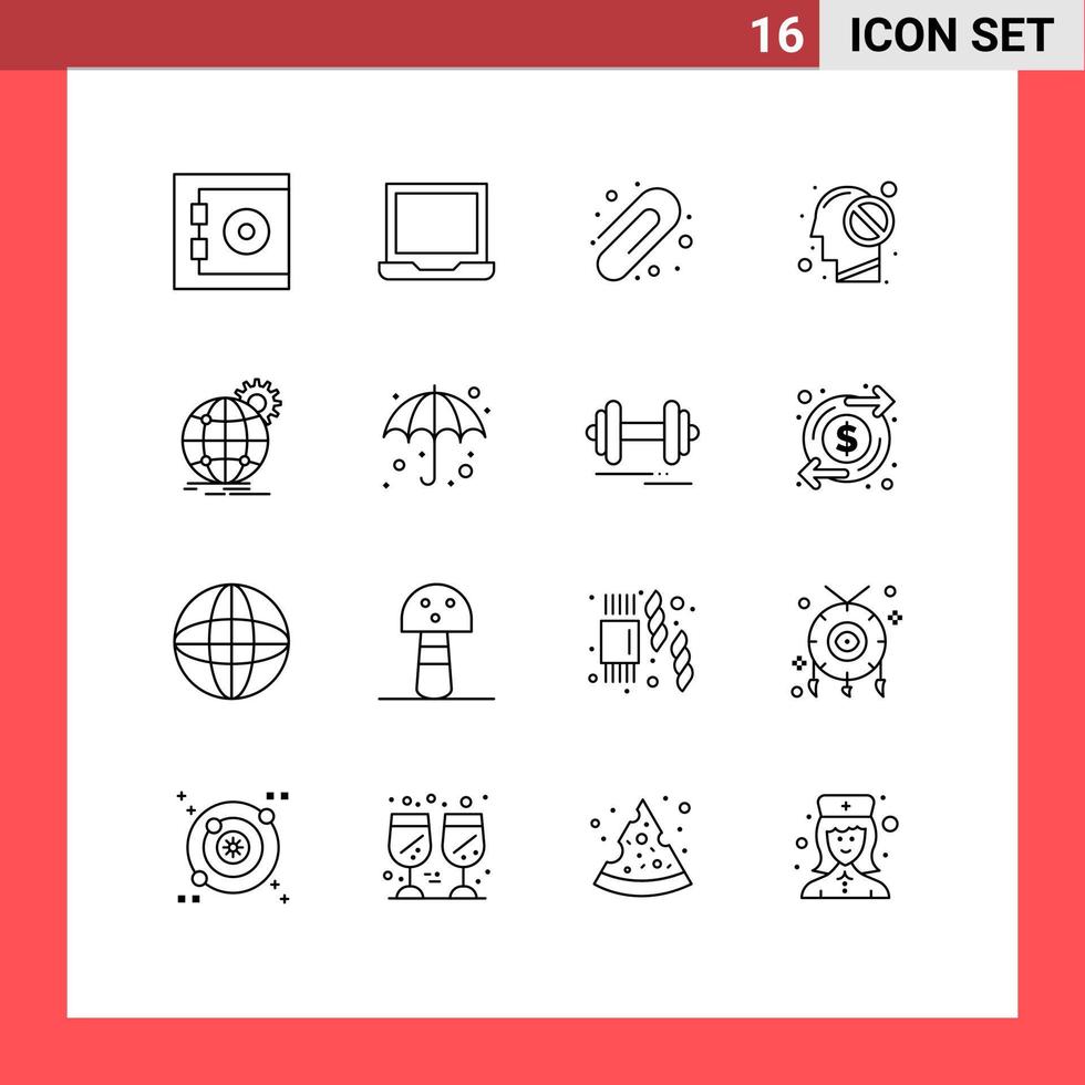 Modern Set of 16 Outlines Pictograph of gear globe paper clip business forbidden Editable Vector Design Elements