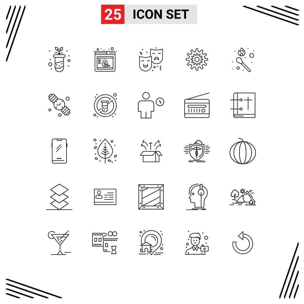 25 Universal Lines Set for Web and Mobile Applications system gear mask cog drama Editable Vector Design Elements