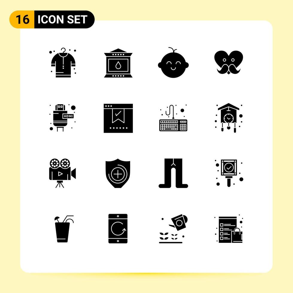 Group of 16 Modern Solid Glyphs Set for bookmark extension child cable fathers day Editable Vector Design Elements
