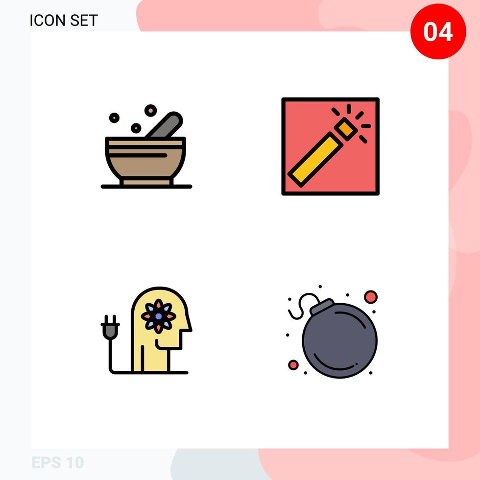 Mobile Interface Filledline Flat Color Set of 4 Pictograms of bowl boosting photo retouch mind Editable Vector Design Elements