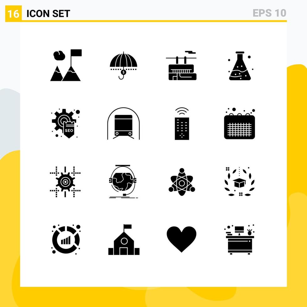 Modern Set of 16 Solid Glyphs Pictograph of waste pollution safety travel tramway Editable Vector Design Elements
