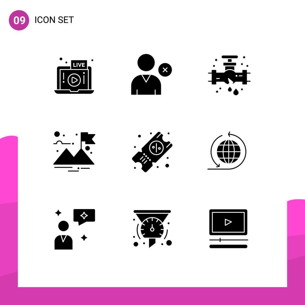 9 Thematic Vector Solid Glyphs and Editable Symbols of global business tickets mechanical ticket flag Editable Vector Design Elements