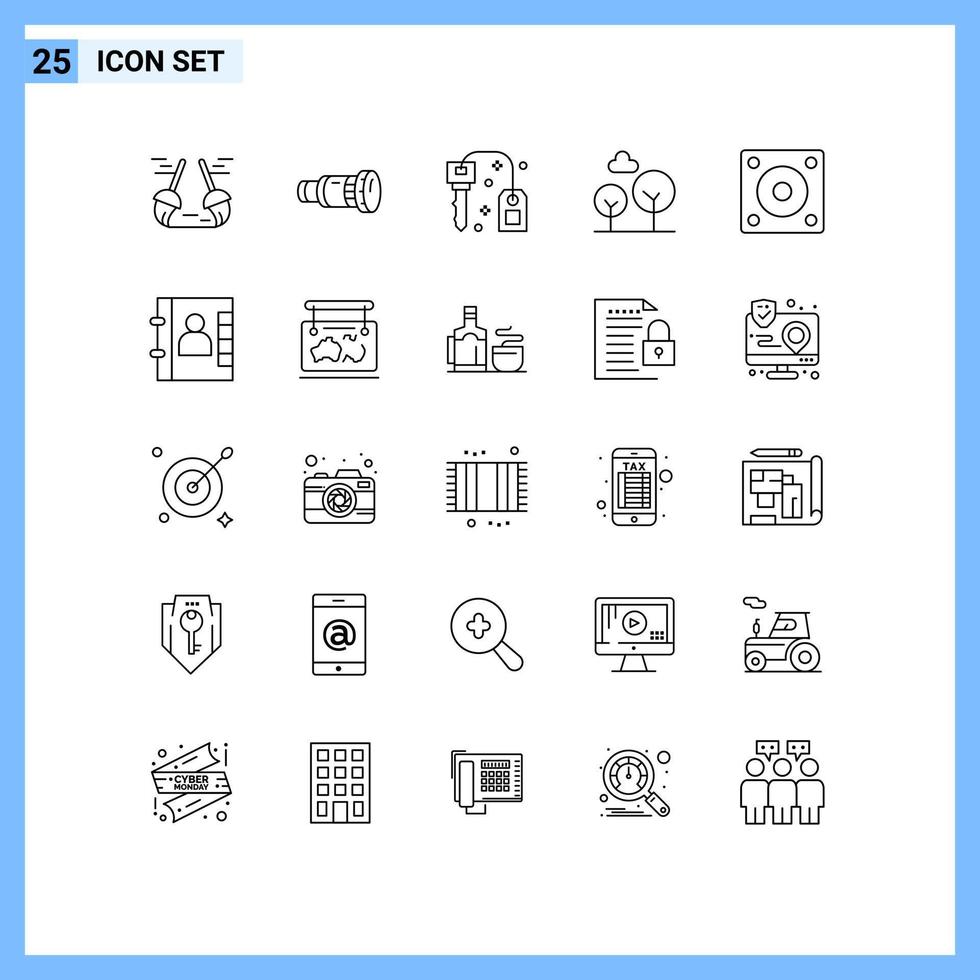 25 iconos creativos, signos y símbolos modernos de gadgets, medios de árbol, árbol de hoja perenne, éxito, elementos de diseño vectorial editables vector