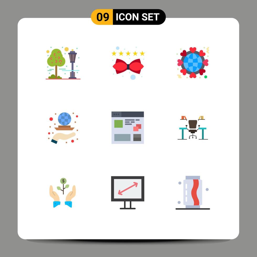 Mobile Interface Flat Color Set of 9 Pictograms of strategy growth globe grid world Editable Vector Design Elements