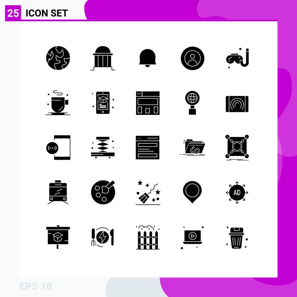 Pack of 25 Modern Solid Glyphs Signs and Symbols for Web Print Media such as hobbies world bell user global Editable Vector Design Elements