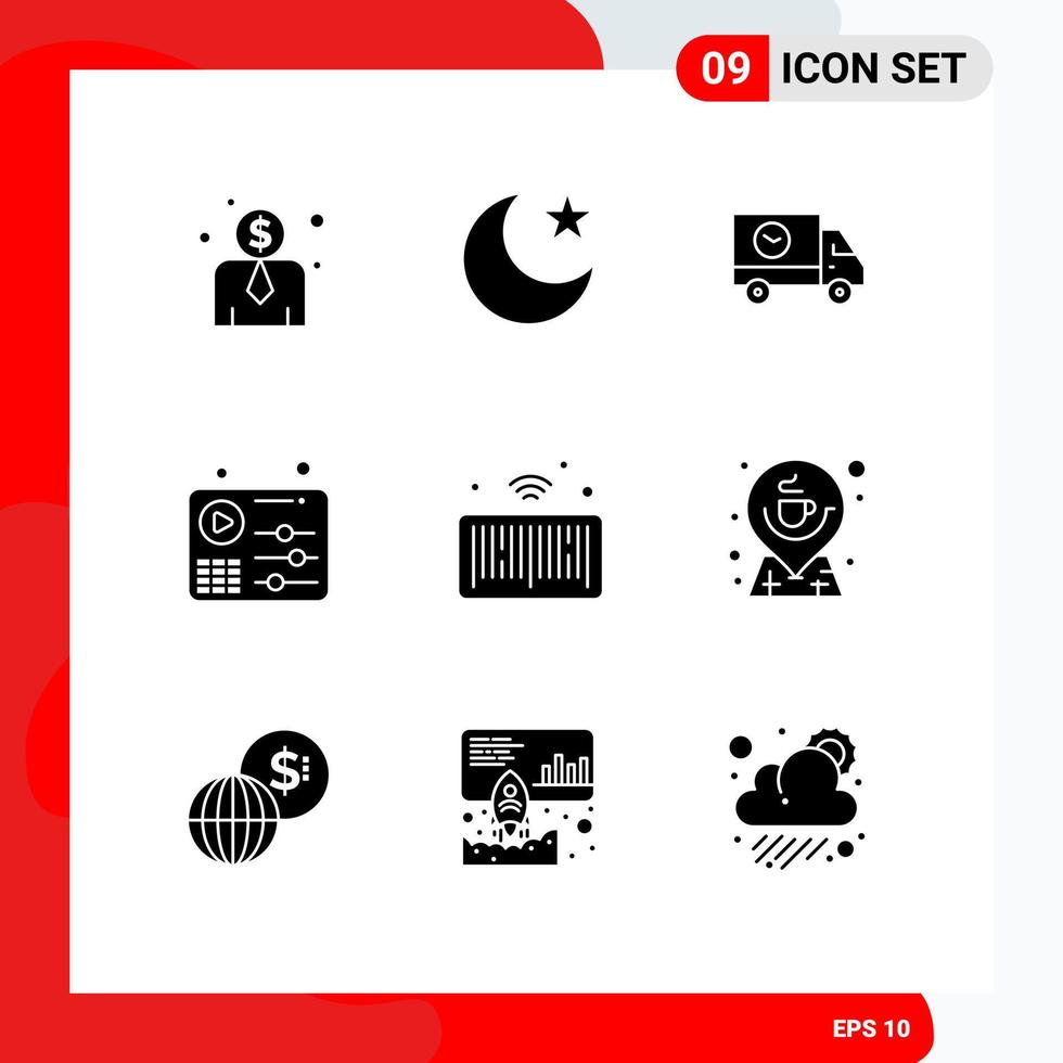 Set of 9 Vector Solid Glyphs on Grid for things internet speed barcode music Editable Vector Design Elements